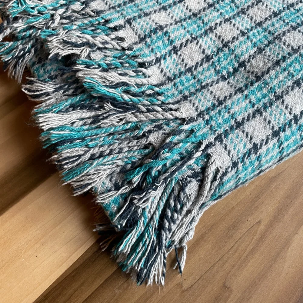 West Elm Plaid Fringe Throw Blanket | 50x70in | Blue & Gray